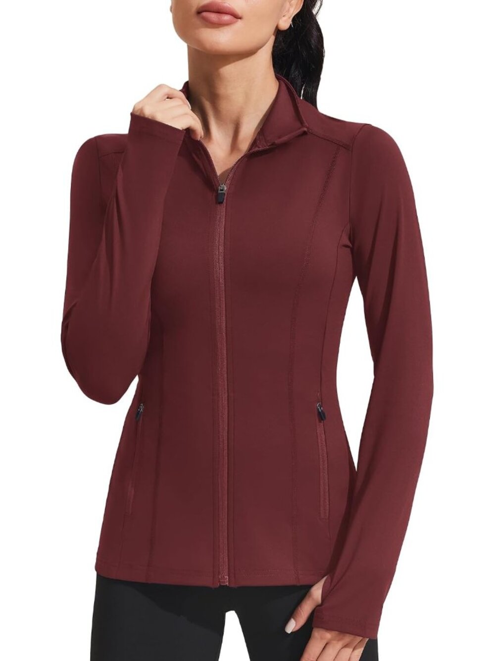 Women Red Mild Weather Zipper Pockets Long Sleeve Full Zip Up Trench jacket